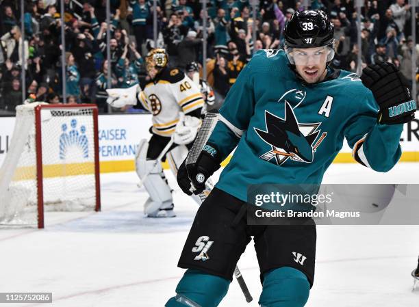 Logan Couture of the San Jose Sharks celebrates after scoring a penalty shot against Tuukka Rask of the Boston Bruins at SAP Center on February 18,...