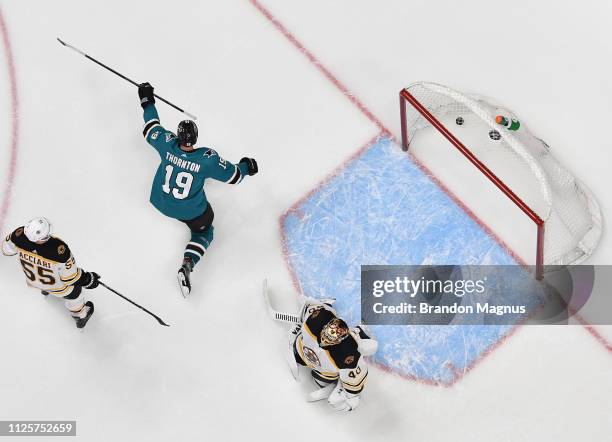 An overhead view as Joe Thornton of the San Jose Sharks scores a hat trick against the Boston Bruins at SAP Center on February 18, 2019 in San Jose,...