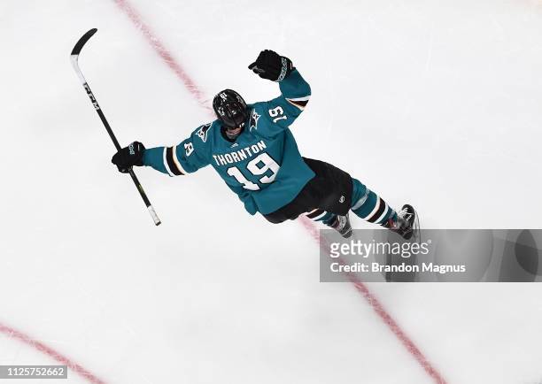 An overhead view as Joe Thornton of the San Jose Sharks scores a hat trick against the Boston Bruins at SAP Center on February 18, 2019 in San Jose,...