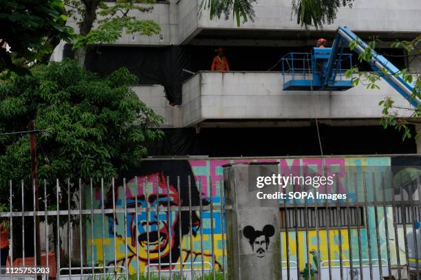 Two workers from the company in charge of the demolition are seen at the Monaco building doing the necessary works for the demolition. 25 years after...