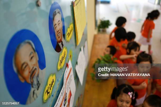 Portraits of the late leaders of North Korea, Kim Il Sung and Vietnam, Ho Chi Minh decorates a wall of the Vietnam-North Korea Friendship...