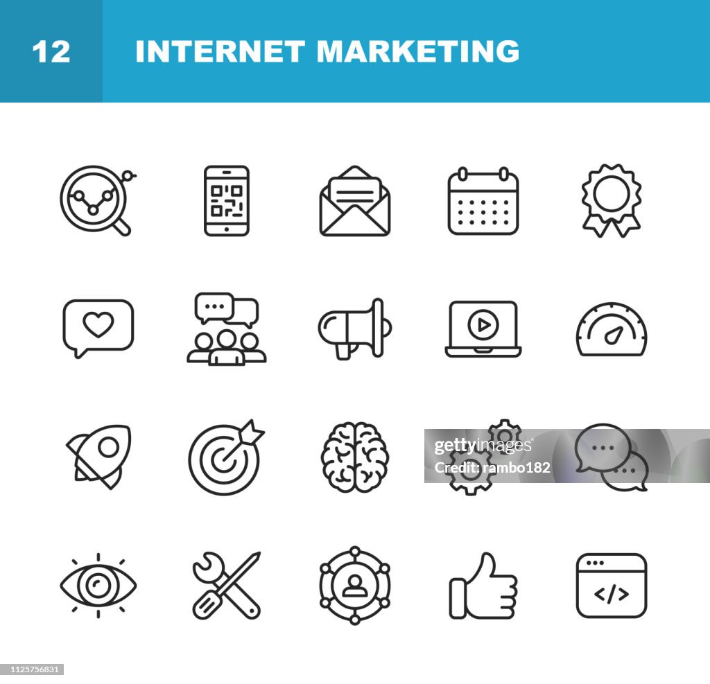 Internet Marketing Linie Symbole. Editierbare Schlaganfall. Pixel Perfect. Für Mobile und Web. Enthält Ikonen wie Digital Marketing, Social Media Marketing-Strategie, Brainstorming, teilen und kommentieren.