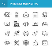 Internet Marketing Line Icons. Editable Stroke. Pixel Perfect. For Mobile and Web. Contains such icons as Digital Marketing, Social Media, Marketing Strategy, Brainstorming, Sharing and Commenting.