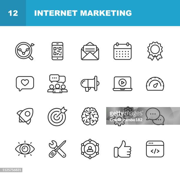 internet marketing line icons. editable stroke. pixel perfect. for mobile and web. contains such icons as digital marketing, social media, marketing strategy, brainstorming, sharing and commenting. - développement stock illustrations