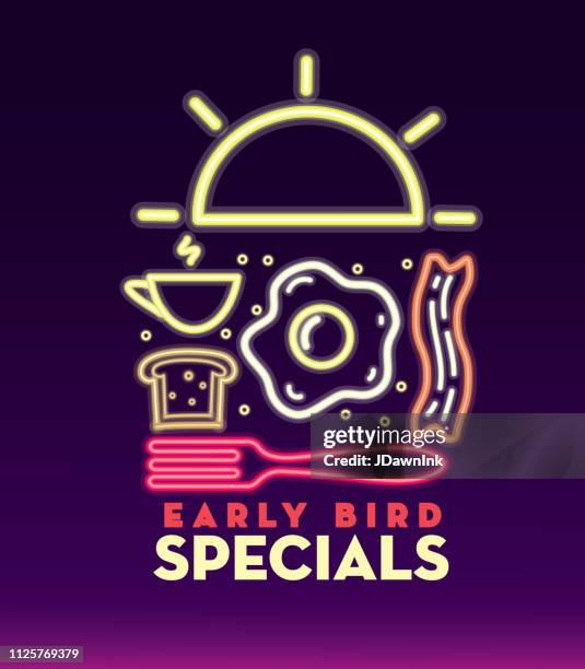 all day breakfast early bird special advertisement neon signage design - early bird stock illustrations