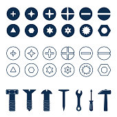 Bolts and screws heads set. Bolt and screw, nut top view, tools vector illustration