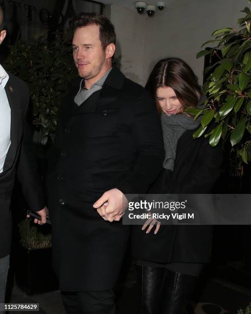 Chris Pratt and Katherine Schwarzenegger seen on a night out at Scott's restaurant in Mayfair on January 28, 2019 in London, England.