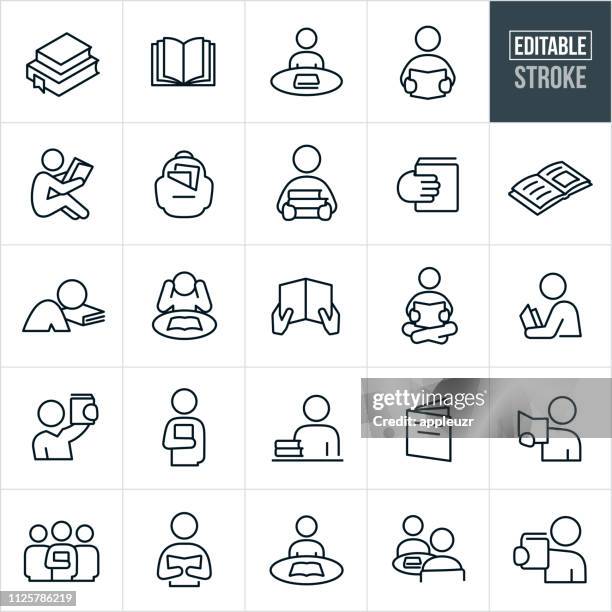 ilustraciones, imágenes clip art, dibujos animados e iconos de stock de lectura de delgada línea iconos - trazo editable - read