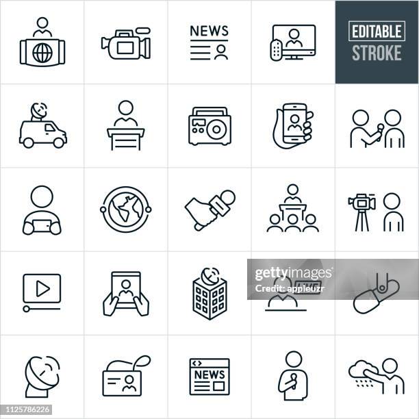 news media thin line icons - editable stroke - microphone desk stock illustrations