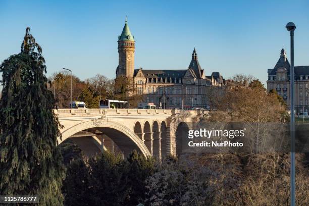 Adolphe Bridge or officially Pont Adolphe bridge in Luxembourg City, a double decker bridge with the upper for cars, buses, tram and pedestrians and...