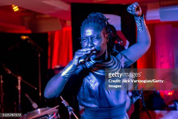 Mozambican Afrofuturist musician Gata Misteriosa leads the group Gato Preto during the 16th annual GlobalFest on the Studio Stage at the Copacabana,...