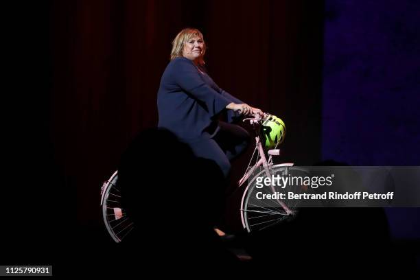 Humorist Michele Bernier performs during her One Woman Show "Vive Demain !" at Theatre des Varietes on January 28, 2019 in Paris, France.