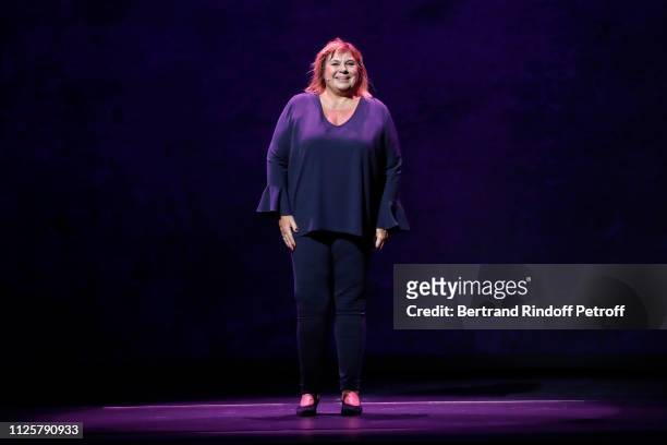 Humorist Michele Bernier performs during her One Woman Show "Vive Demain !" at Theatre des Varietes on January 28, 2019 in Paris, France.