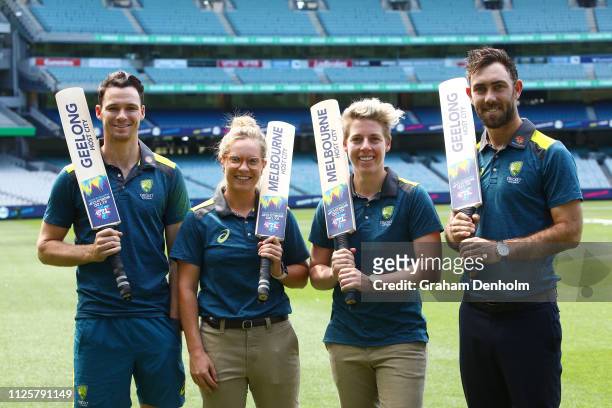 Peter Handscomb, Sophie Molineux, Elyse Villani and Glenn Maxwell of Australia pose during an ICC World T20 Fixture Media Opportunity at the MCG on...