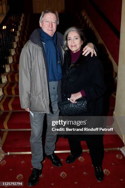 Regis Wargnier and Francoise Fabian attend the Michele Bernier One Woman Show "Vive Demain !" at Theatre des Varietes on January 28, 2019 in Paris,...