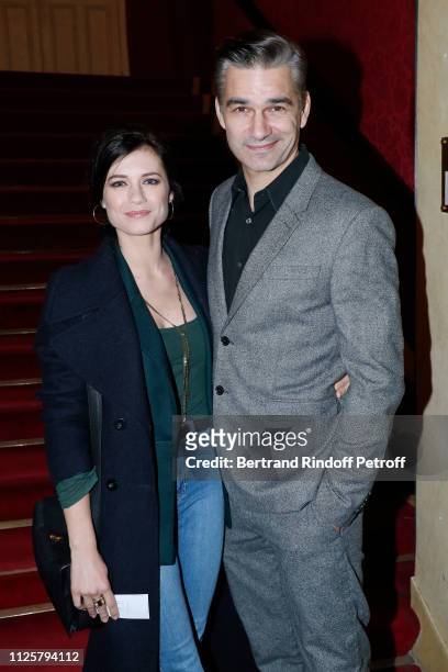 Actor Francois Vincentelli and his wife Alice Dufour attend the Michele Bernier One Woman Show "Vive Demain !" at Theatre des Varietes on January 28,...