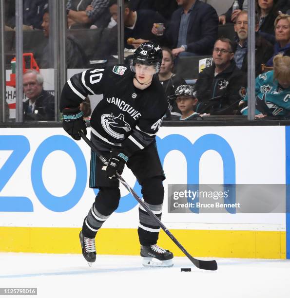 Elias Pettersson of the Vancouver Canucks skates against the Central Division All-Stars during the 2019 Honda NHL All-Star Game at SAP Center on...