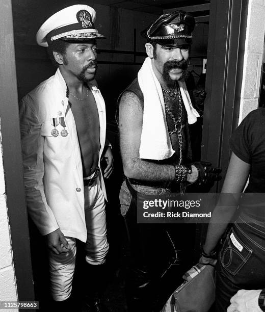 Victor Willis and Glen Hughes of Village People backstage during Z-93 Annual Toys For Tots concert at The OMNI Coliseum in Atlanta Georgia December...