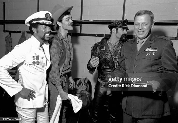 Victor Willis, Randy Jones and Glenn Hughes of Village People backstage during Z-93 Annual Toys For Tots concert at The OMNI Coliseum in Atlanta...