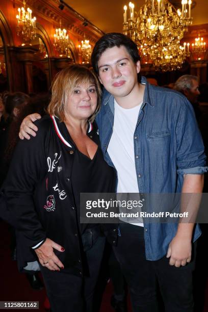 Michele Bernier and her son Enzo Gaccio pose after the Michele Bernier One Woman Show "Vive Demain !" at Theatre des Varietes on January 28, 2019 in...