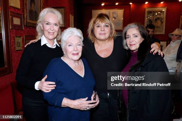 Evelyne Buyle, Line Renaud, Michele Bernier and Francoise Fabian pose after the Michele Bernier One Woman Show "Vive Demain !" at Theatre des...