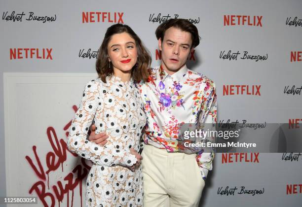 Natalia Dyer and Charlie Heaton attend the Los Angeles premiere screening of "Velvet Buzzsaw" at American Cinematheque's Egyptian Theatre on January...