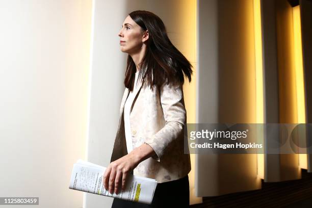 Prime Minister Jacinda Ardern makes an exit after a post cabinet press conference at Parliament on January 29, 2019 in Wellington, New Zealand.