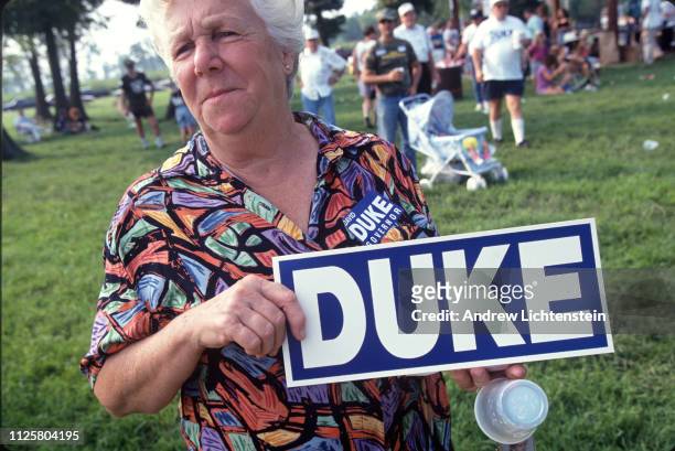 Supporter of former klansman David Duke attends a campaign rally for Duke as he runs for Governor in September of 1991 in Chalmette, Louisiana.