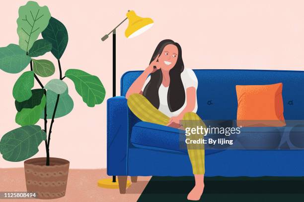 sitting in couch - woman cartoon stock pictures, royalty-free photos & images