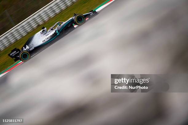 Lewis Hamilton of Great Britain driving the Mercedes AMG Petronas F1 Team Mercedes W10 during day two of F1 Winter Testing at Circuit de Catalunya on...