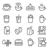 Coffee Cafe Vector Line Icon Set. Contains such Icons as Hot Coffee, ฺBeans, Coffee Machine, Hamburger and more. Expanded Stroke