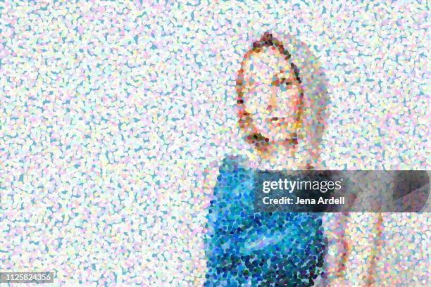 pieces portrait, fragmented, emotions, suspended in air, pointillism, obscured face - pointillism portrait stock pictures, royalty-free photos & images