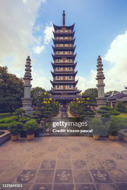 pagoda in a temple in shanghai during day . china . - shanghai temple stock pictures, royalty-free photos & images