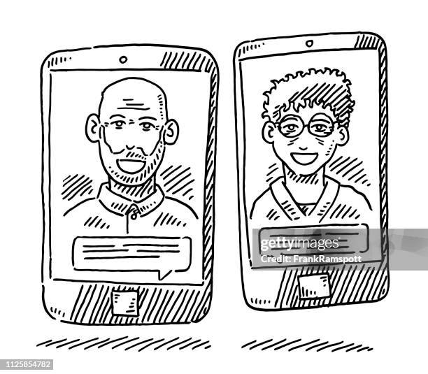 old people smartphone communication drawing - old phone stock illustrations