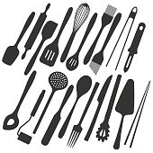 Big vector illustration collection of simple icons of different kitchen utensils and tools like cutlery, spatula, cake server or chopsticks for cooking, eating and baking