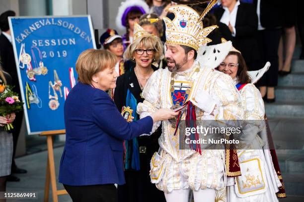 German Chancellor Angela Merkel attends a reception of German carnival societies at the Chancellery in Berlin, Germany on February 19, 2019.