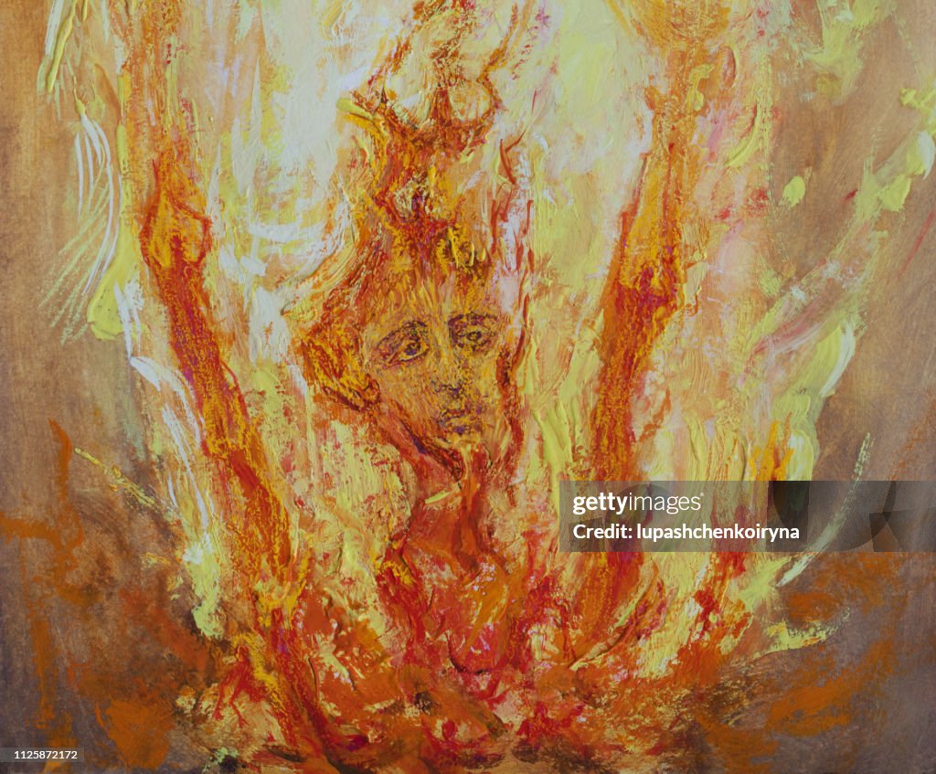 Fashionable illustration contemporary art my original oil painting on canvas religion sacred art symbolism man dying from sin and burning in hell praying for his salvation in repentance