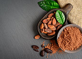 Cocoa beans and powder in old wooden bowl with green leaves
