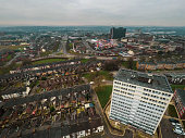 Aerial view of high rise tower blocks, flats built in the city of Stoke on Trent to accommodate the increasing population, housing crisis