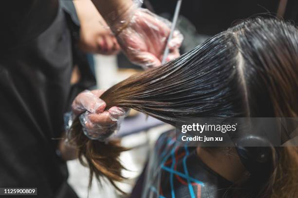 the hairdresser is fixing a girl's hair - hornskikt bildbanksfoton och bilder