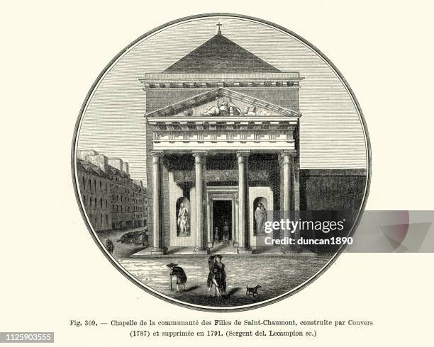 stockillustraties, clipart, cartoons en iconen met chapelle de la communaute de filles de saint-chaumont, paris - pediment