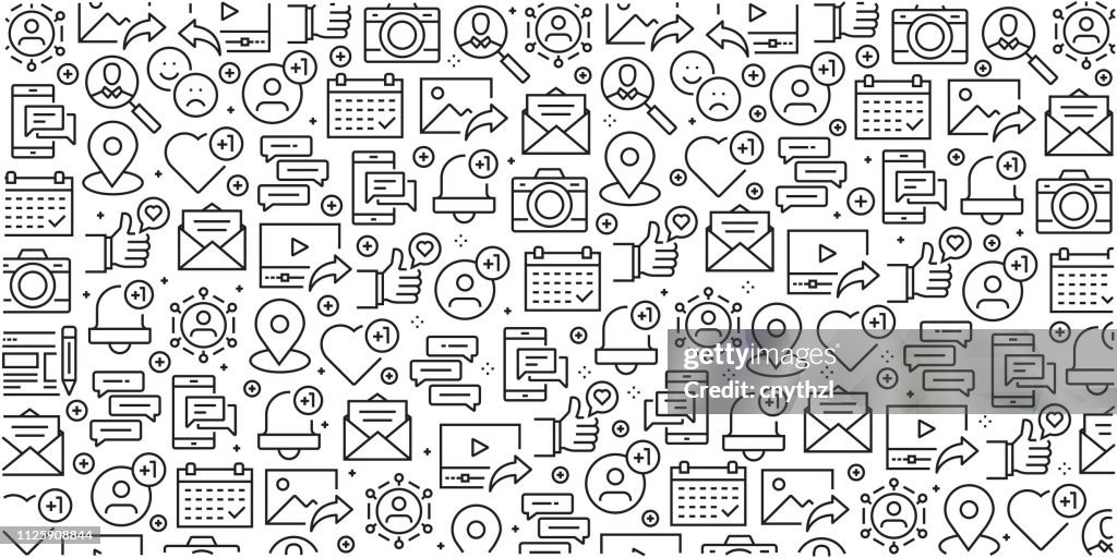 Vecteur série de modèles de conception et les éléments pour les médias sociaux dans un style linéaire branché - profils sans soudure avec icônes linéaires liés aux médias sociaux - vecteur