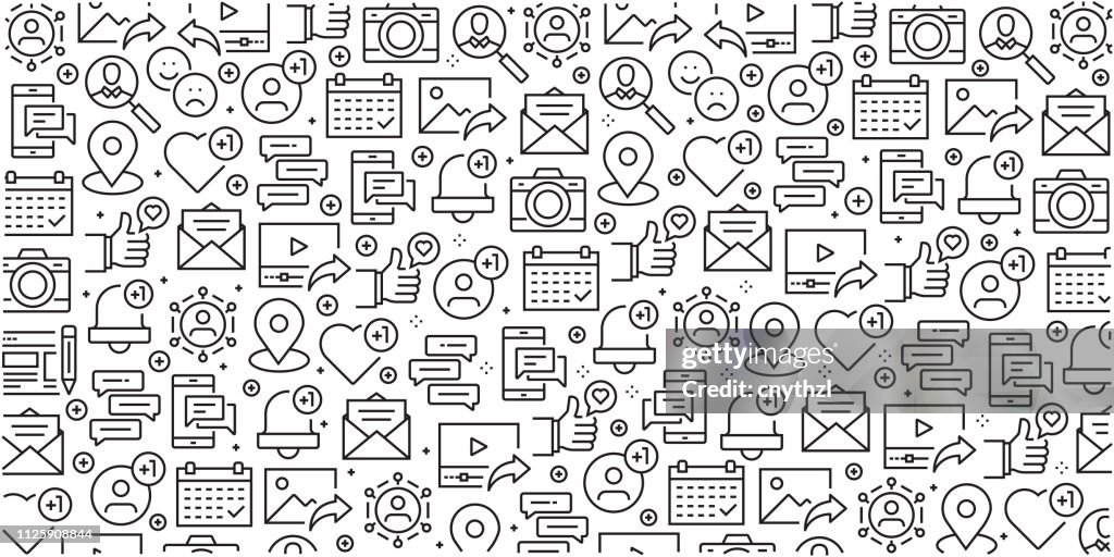 Vector set of design templates and elements for Social Media in trendy linear style - Seamless patterns with linear icons related to Social Media - Vector