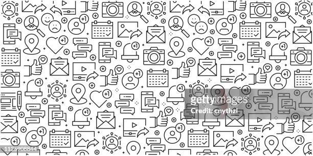 vector set of design templates and elements for social media in trendy linear style - seamless patterns with linear icons related to social media - vector - social media icon stock illustrations