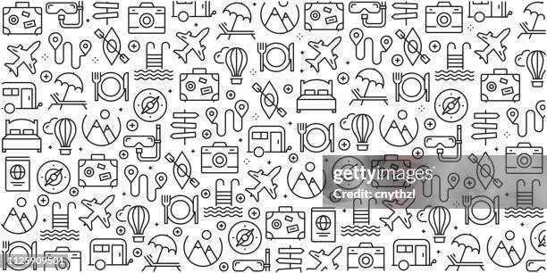 ilustrações de stock, clip art, desenhos animados e ícones de vector set of design templates and elements for travel and holiday in trendy linear style - seamless patterns with linear icons related to travel and holiday - vector - turista
