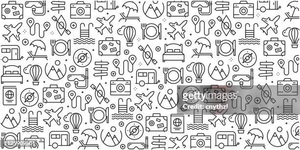 vector set of design templates and elements for travel and holiday in trendy linear style - seamless patterns with linear icons related to travel and holiday - vector - travel stock illustrations