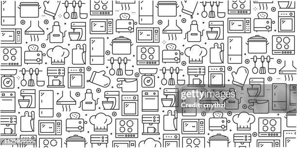 ilustraciones, imágenes clip art, dibujos animados e iconos de stock de vector conjunto de elementos y plantillas de diseño para el utensilio de cocina estilo moderno - en patrones sin fisuras con iconos lineales relacionados con utensilio de cocina - vector - kitchen utensil