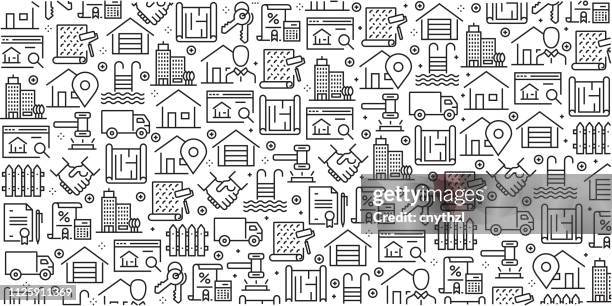 illustrazioni stock, clip art, cartoni animati e icone di tendenza di set vettoriale di modelli ed elementi di design per real estate in stile lineare alla moda - modelli senza soluzione di continuità con icone lineari relative al real estate - vector - complesso edilizio