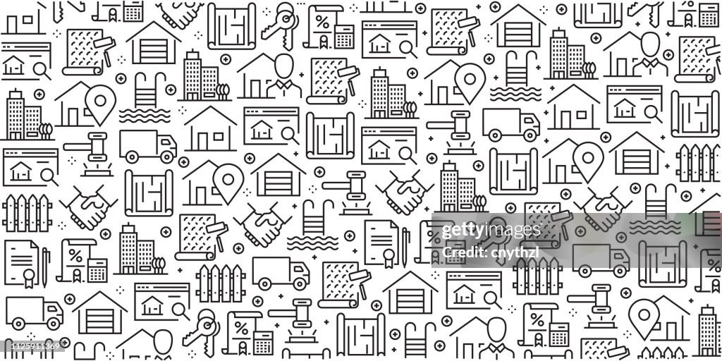 Vector set of design templates and elements for Real Estate in trendy linear style - Seamless patterns with linear icons related to Real Estate - Vector