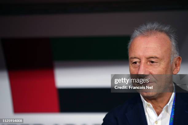 Manager Alberto Zaccheroni looks on prior to the AFC Asian Cup semi final match between Qatar and United Arab Emirates at Mohammed Bin Zayed Stadium...